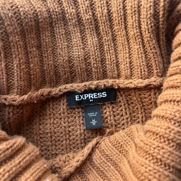 Express Sweater Women's M Brown Turtleneck Fisherman Chunky 3/4 Sleeve Pullover - Picture 6 of 12